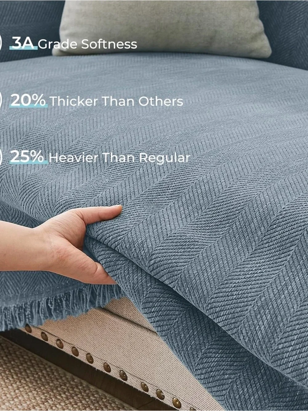 Chenille Two Piece L Shaped Sectional Blue Slipcover with Herringbone Pattern